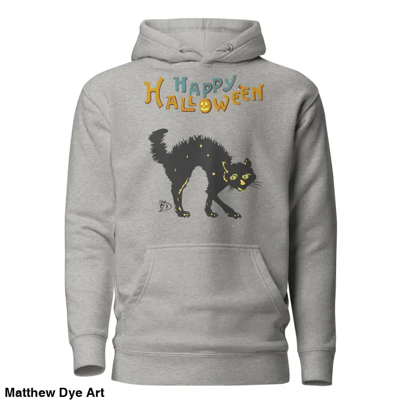 Gray hoodie featuring a whimsical scary cat design for a vintage style Halloween outfit