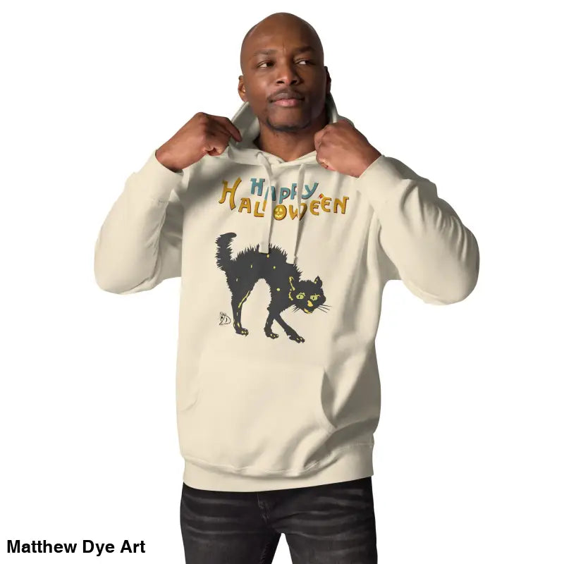Man in whimsical scary cat vintage style Halloween hoodie, perfect for festive occasions