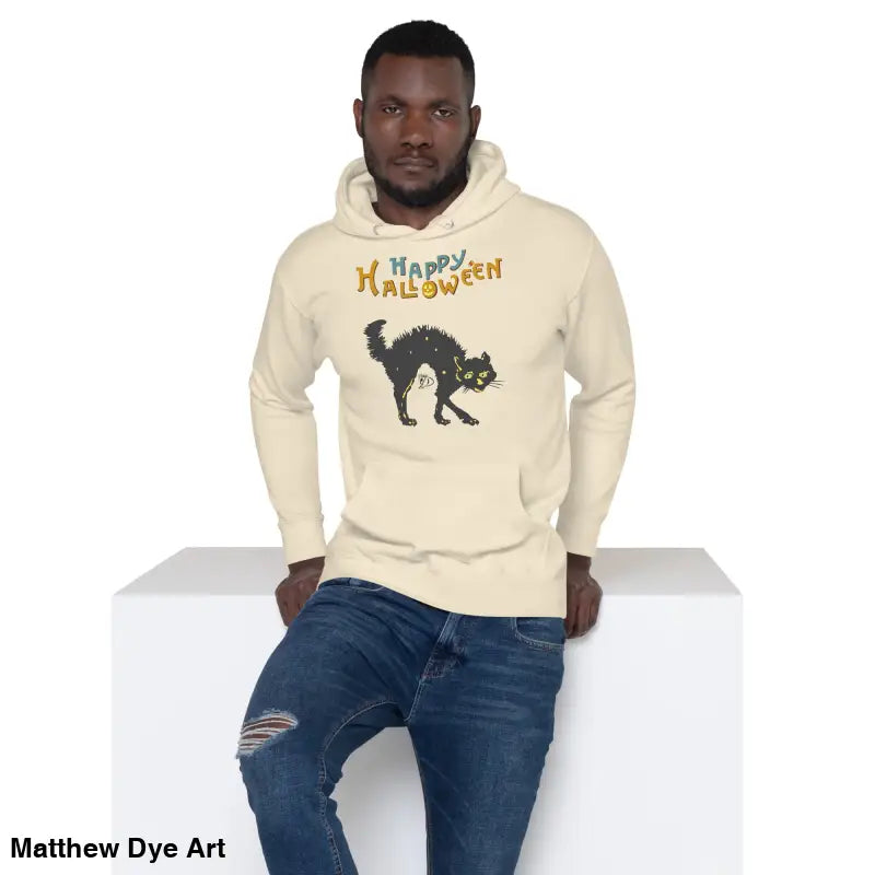 Man in a whimsical scary cat vintage style Halloween hoodie, showcasing surreal design