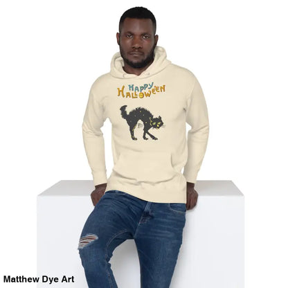 Man in a whimsical scary cat vintage style Halloween hoodie, showcasing surreal design