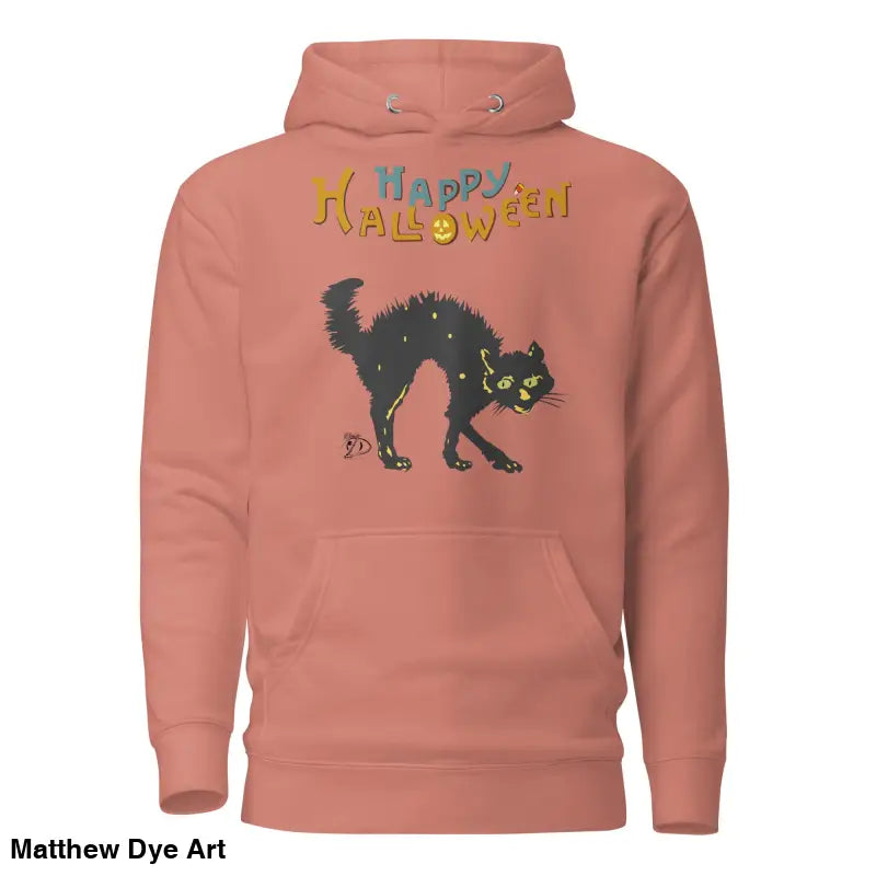 Salmon-colored vintage style Halloween hoodie featuring a whimsical scary cat graphic