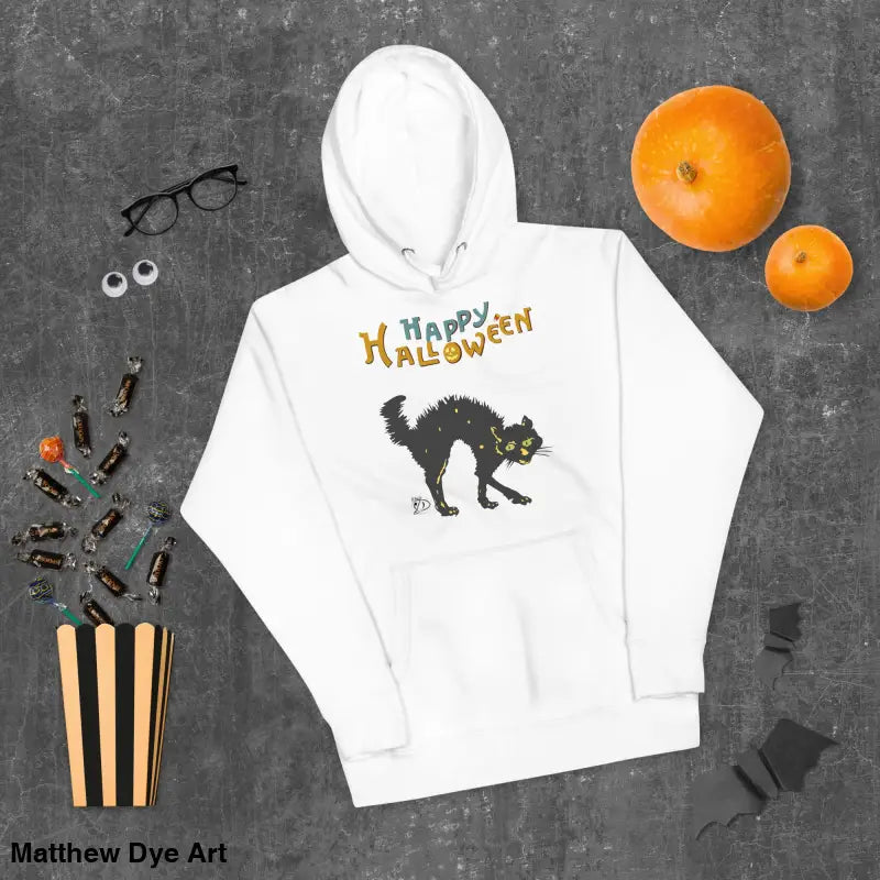 White Halloween-themed Scary Cat Hoodie featuring whimsical scary cat art in vintage style