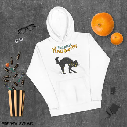 White Halloween-themed Scary Cat Hoodie featuring whimsical scary cat art in vintage style