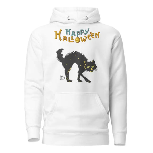 White hoodie featuring a whimsical scary cat design, ideal for Halloween attire