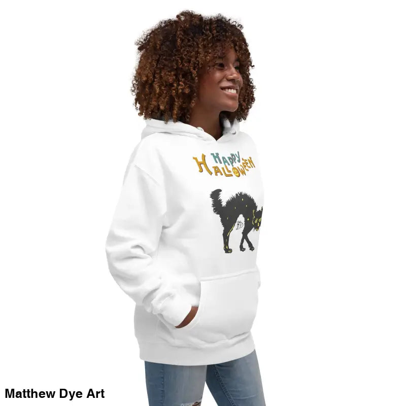 White Halloween-themed hoodie featuring a whimsical scary cat design in vintage style art