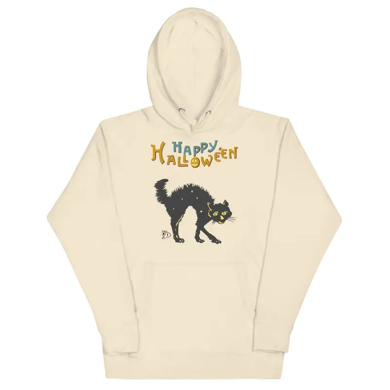 Cream-colored hoodie featuring a scary cat Halloween design for festive attire