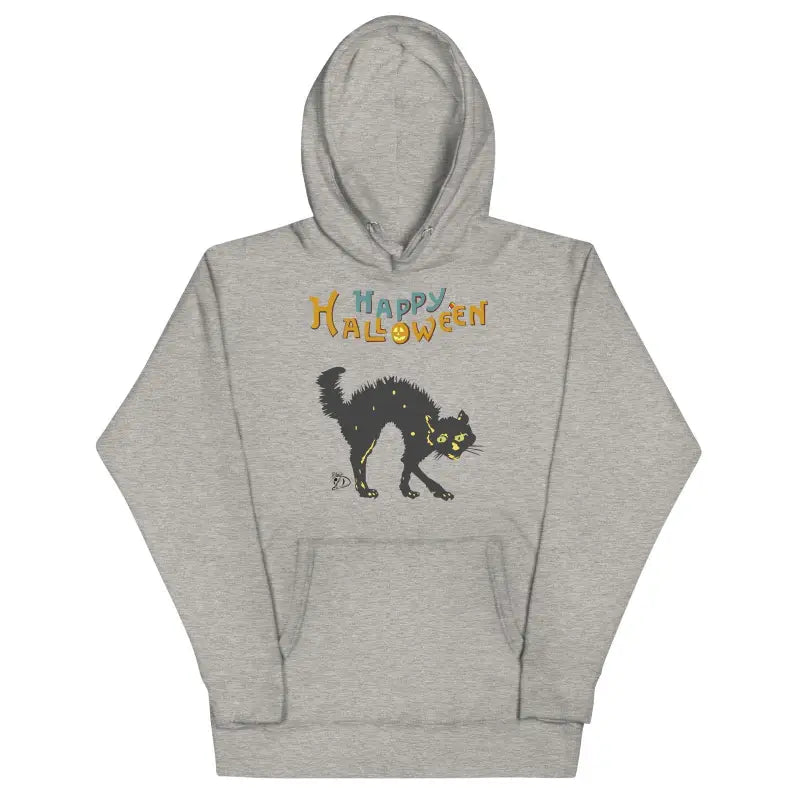 Gray hooded sweatshirt with black cat design and Happy Halloween text for scary cat Halloween