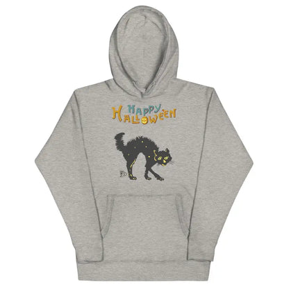 Gray hooded sweatshirt with black cat design and Happy Halloween text for scary cat Halloween