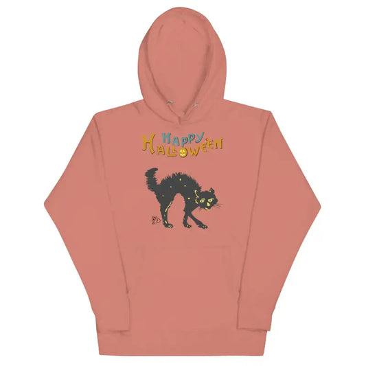 Dusty Pink Halloween Hoodie with Scary Cat and Colorful Happy Halloween Design