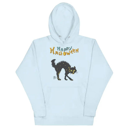 Light blue hoodie with a scary cat Halloween design and Happy Halloween text