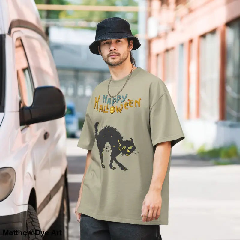 Scary Cat Oversized Halloween Tee featuring a spooky black cat design for festive fun
