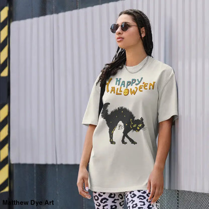 Halloween oversized faded Scary Cat Halloween Tee featuring a spooky black cat design