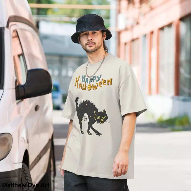 Scary Cat Oversized Halloween Tee featuring a spooky black cat design for all
