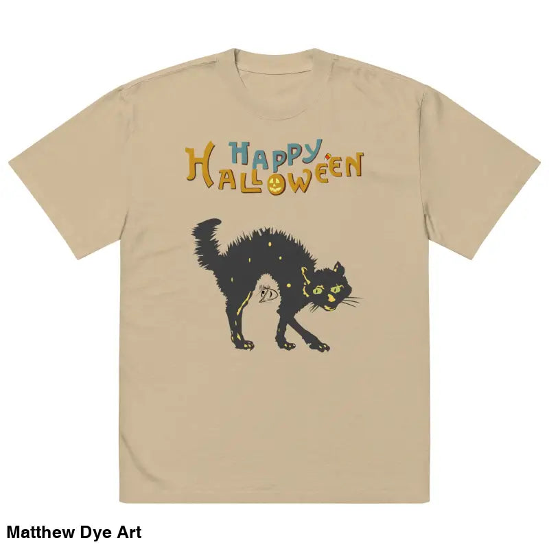 Beige Halloween oversized faded tee featuring a scary cat graphic for unisex wear