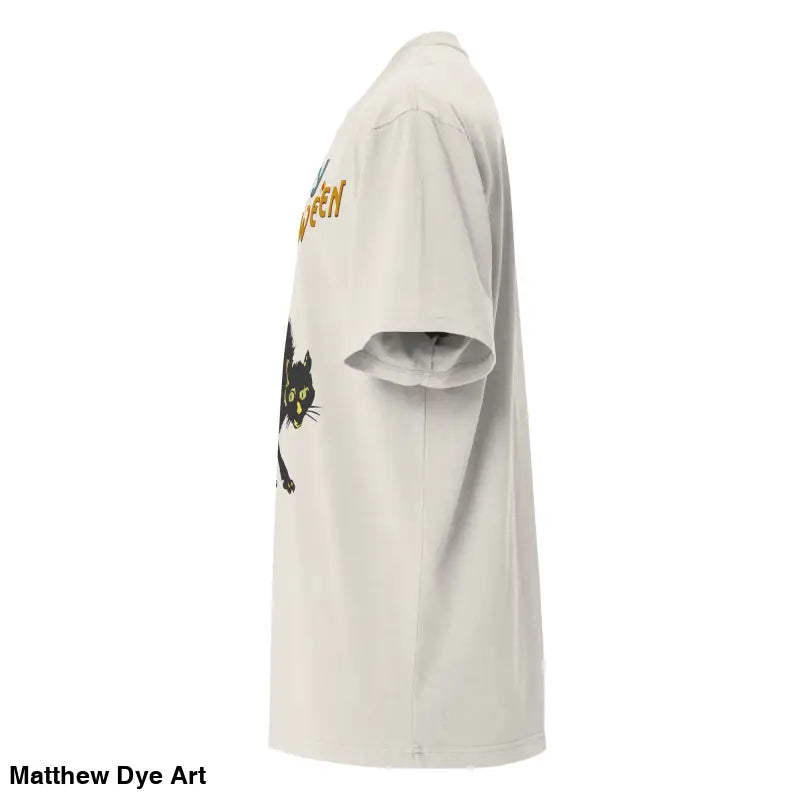 Beige oversized Halloween tee featuring a spooky black cat graphic design