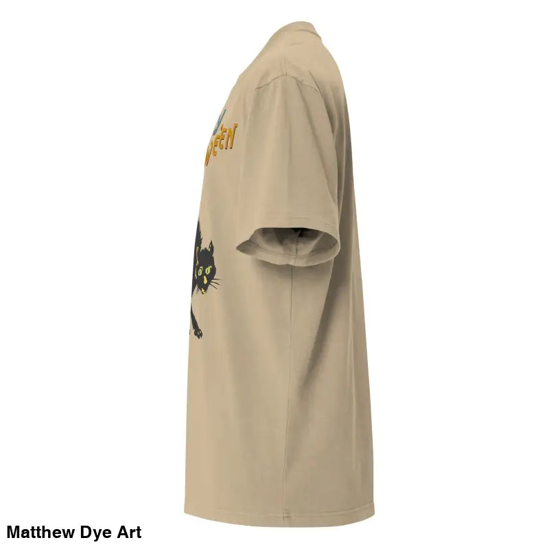 Beige oversized Halloween tee featuring spooky black cat graphic for a stylish look