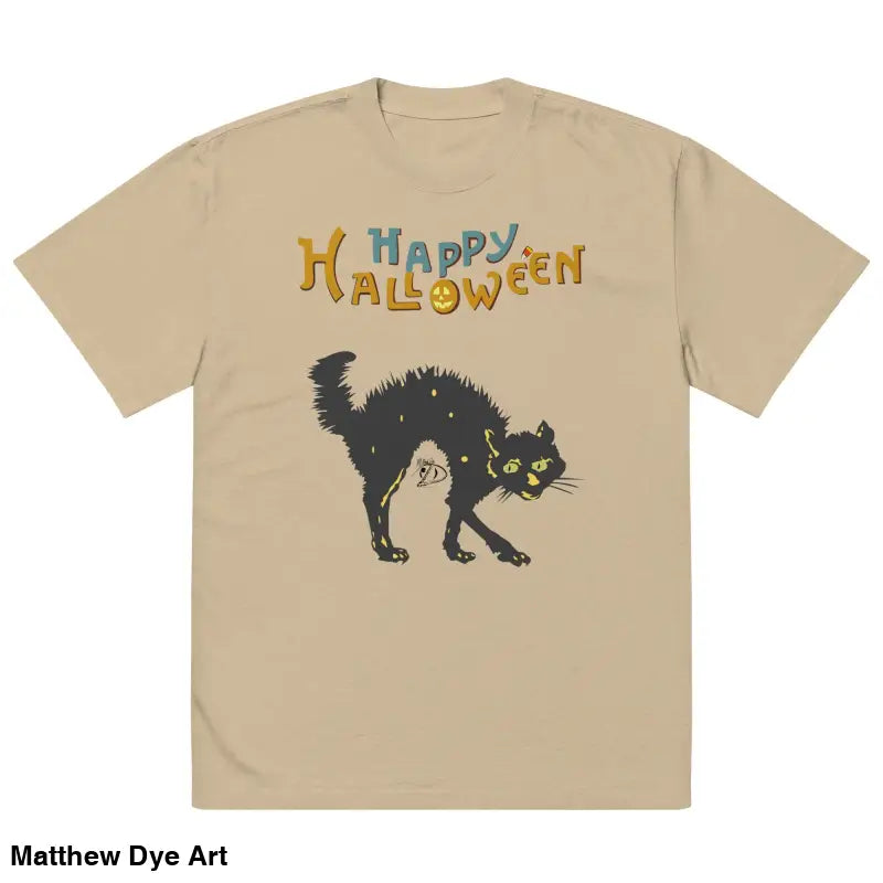 Beige Halloween oversized faded tee featuring a scary cat graphic for unisex wear