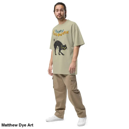 Man wearing Scary Cat Halloween oversized faded t-shirt and cargo pants
