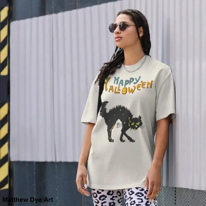 Halloween oversized faded Scary Cat Halloween Tee featuring a spooky black cat design