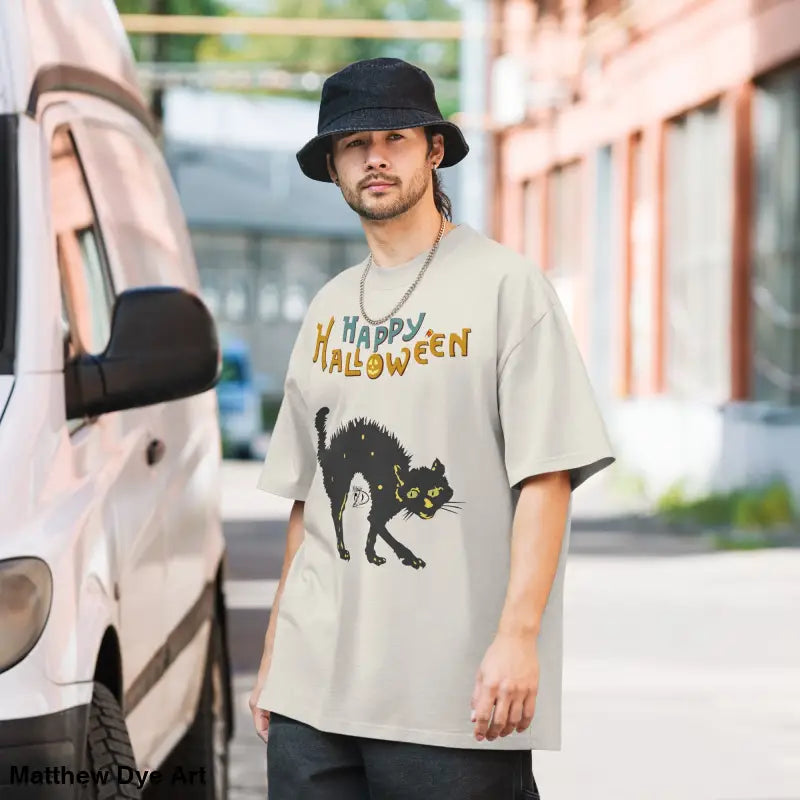 Scary Cat Oversized Halloween Tee featuring a spooky black cat design for all