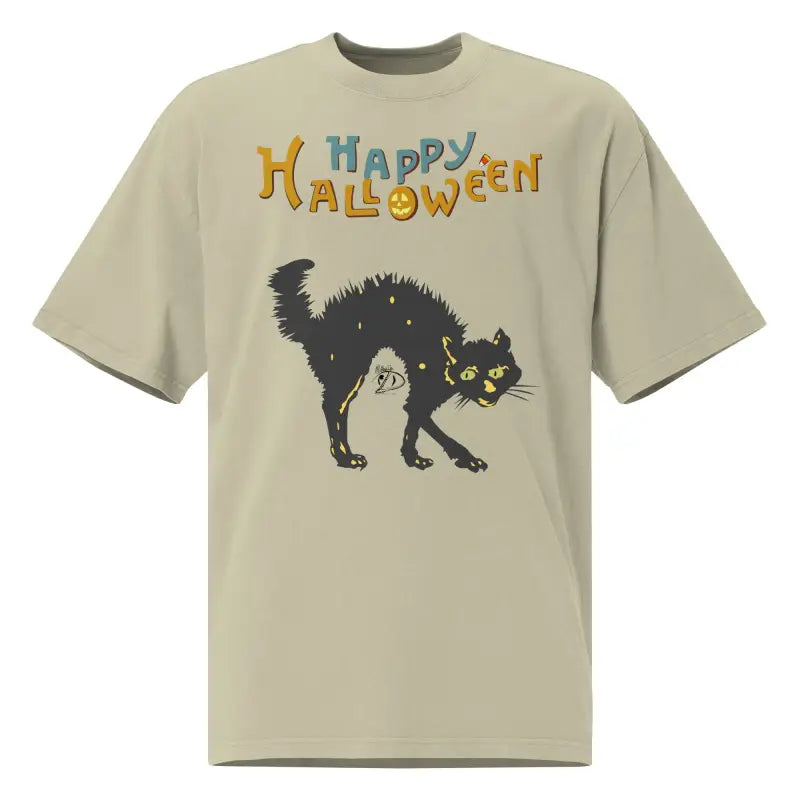 Beige oversized Halloween tee featuring a spooky black cat graphic design