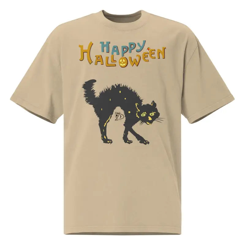 Beige Halloween oversized tee featuring a spooky black cat graphic design
