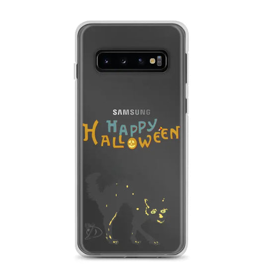 Clear case for Samsung Galaxy featuring a scary cat design with colorful Halloween art