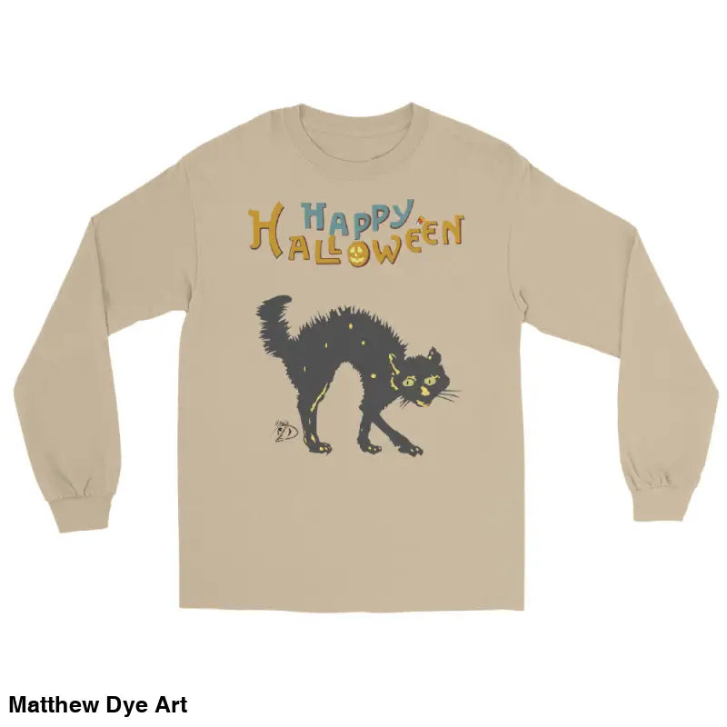 Beige long-sleeved shirt featuring Scary Cat Halloween graphic for unisex wear