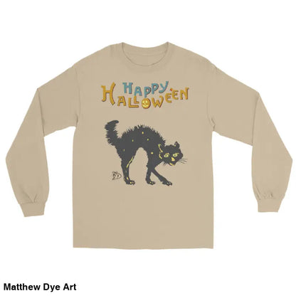 Beige long-sleeved shirt featuring Scary Cat Halloween graphic for unisex wear