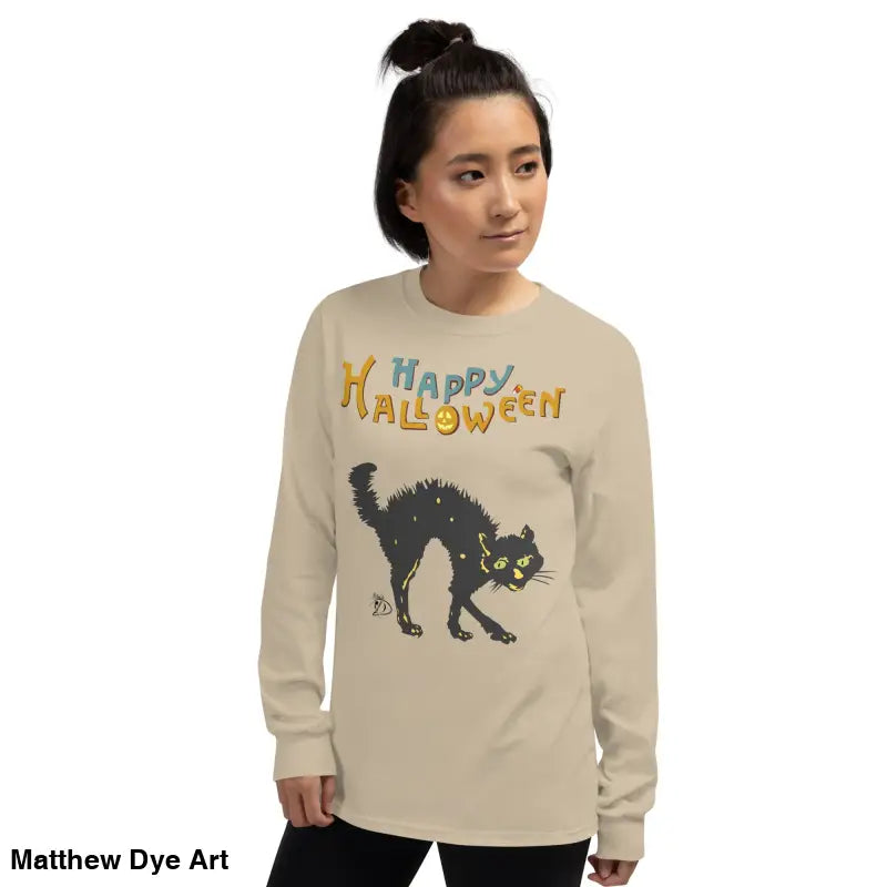 Beige long-sleeved shirt featuring Scary Cat Halloween graphic for unisex wear