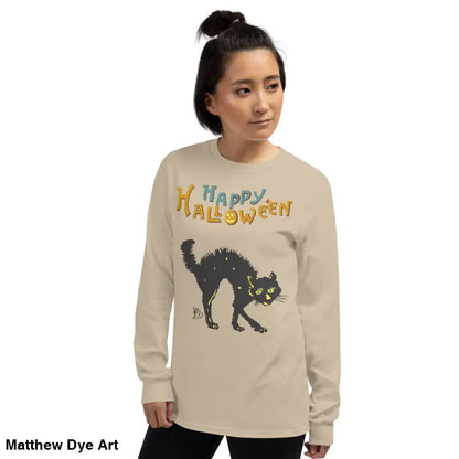 Beige long-sleeved shirt featuring Scary Cat Halloween graphic for unisex wear