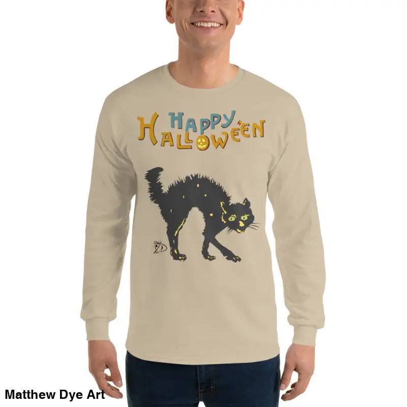 Beige long-sleeved shirt featuring Scary Cat Halloween design for unisex wear