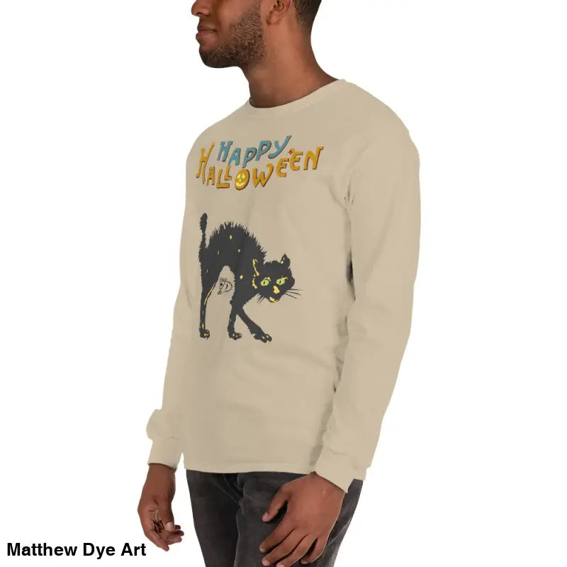 Beige long-sleeved shirt featuring Scary Cat Halloween graphic for unisex style