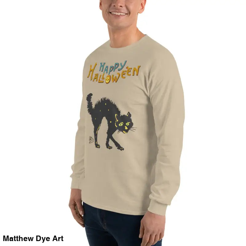 Beige long-sleeved shirt featuring scary cat Halloween graphic for unisex style