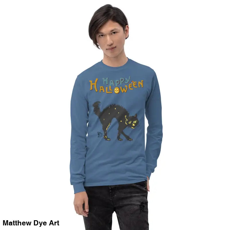 Blue long-sleeved shirt featuring a scary cat for Halloween unisex style