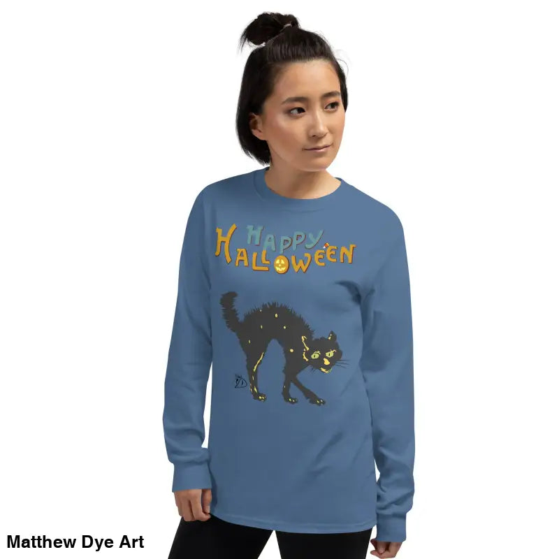 Blue long-sleeved Halloween shirt featuring a scary cat design for unisex wear