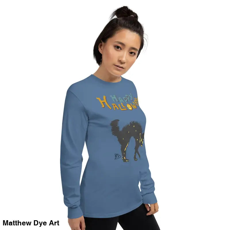 Blue long-sleeved Halloween shirt featuring a scary cat design for unisex wear