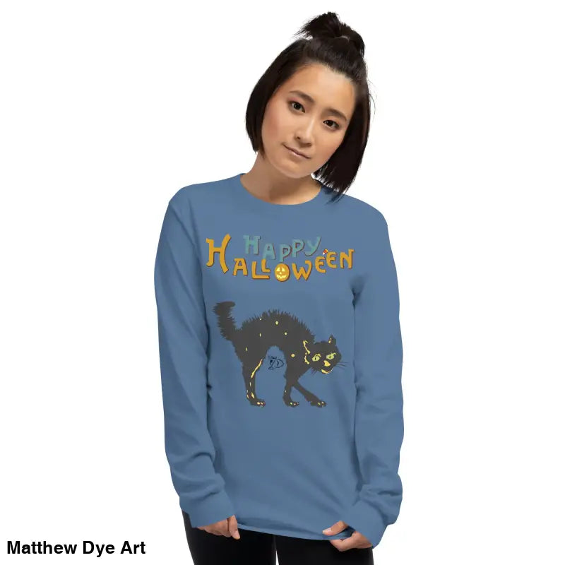 Blue long-sleeved Halloween shirt featuring a scary cat design for unisex wear