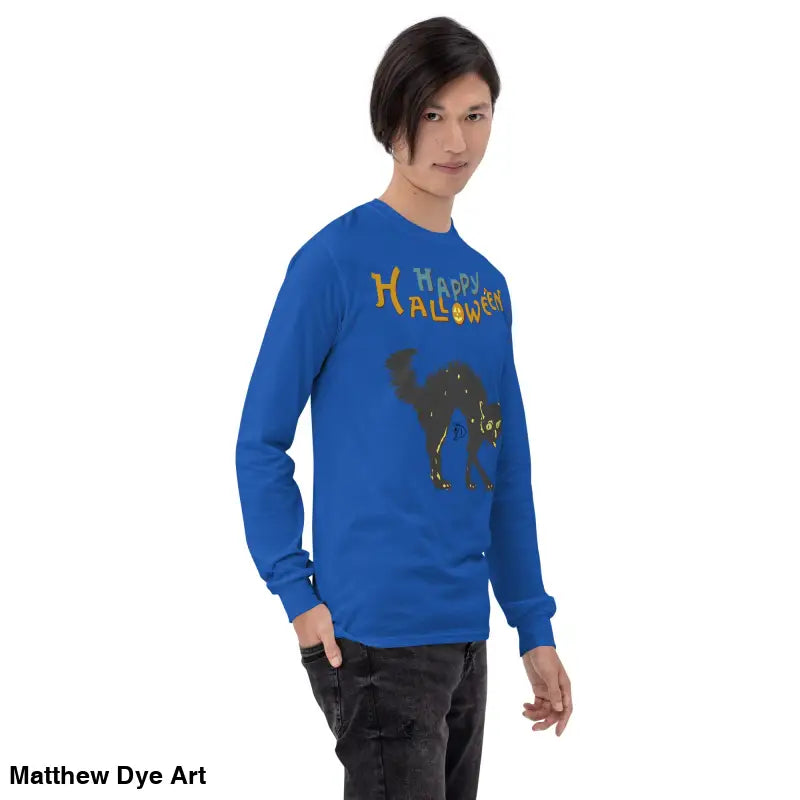 Blue long-sleeved Halloween shirt featuring a scary cat design for unisex wear