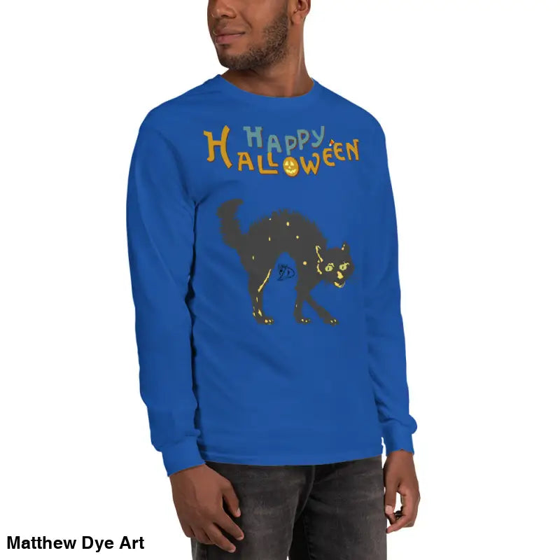 Blue long-sleeved Halloween shirt featuring a scary cat design for unisex wear