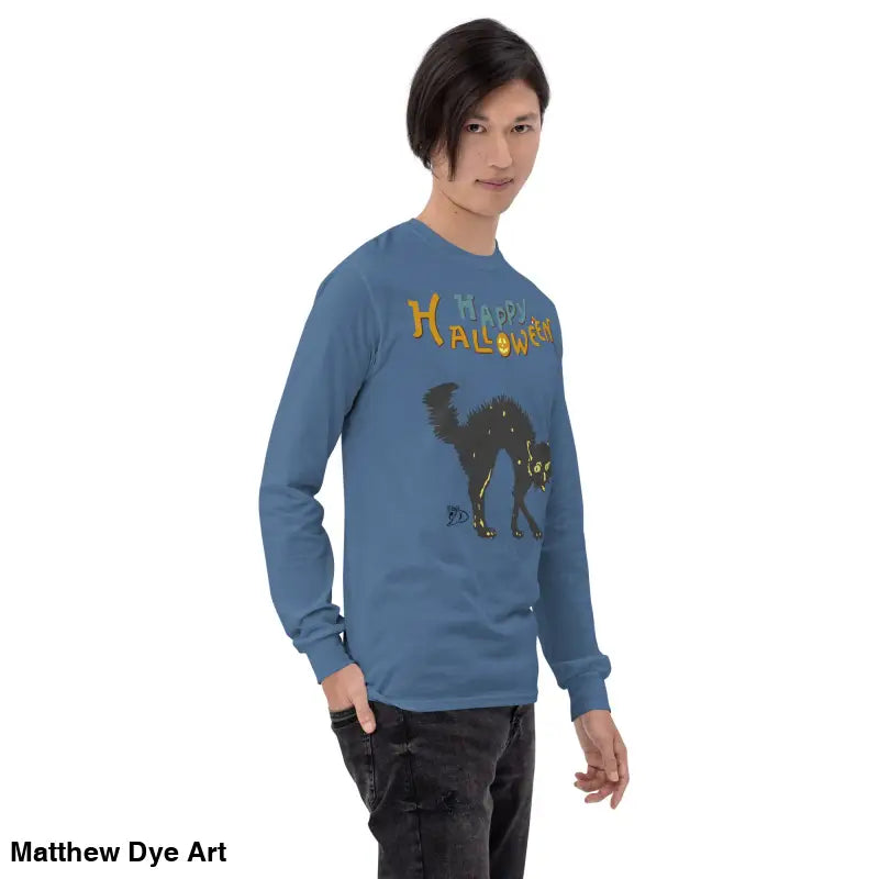 Blue long-sleeved Halloween shirt featuring a scary cat design for unisex wear