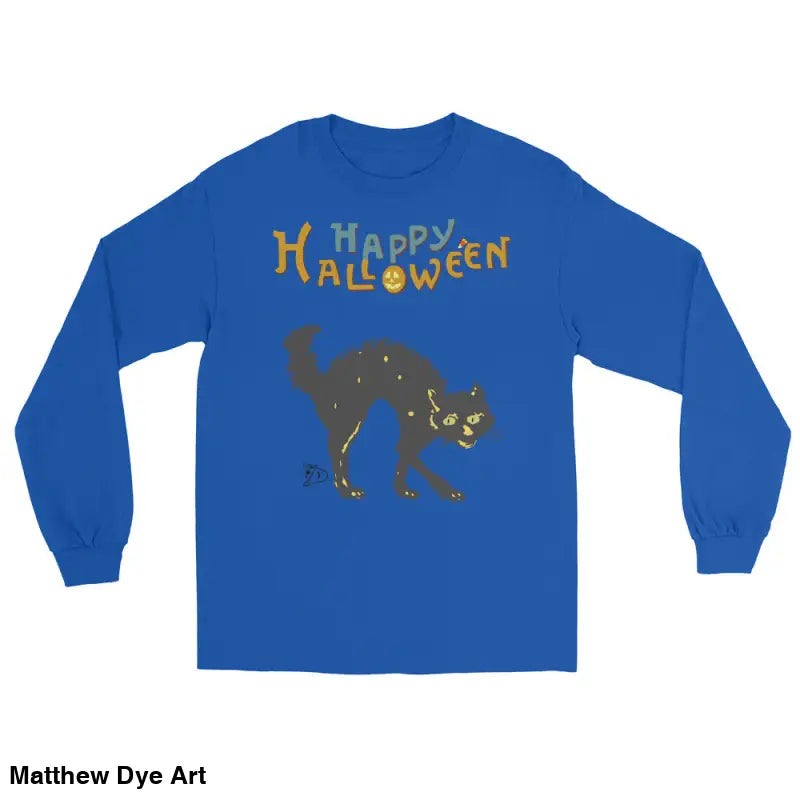 Blue long-sleeved Halloween shirt featuring a Scary Cat design for unisex wear