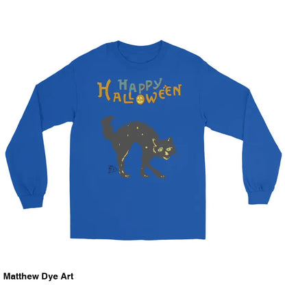 Blue long-sleeved Halloween shirt featuring a Scary Cat design for unisex wear
