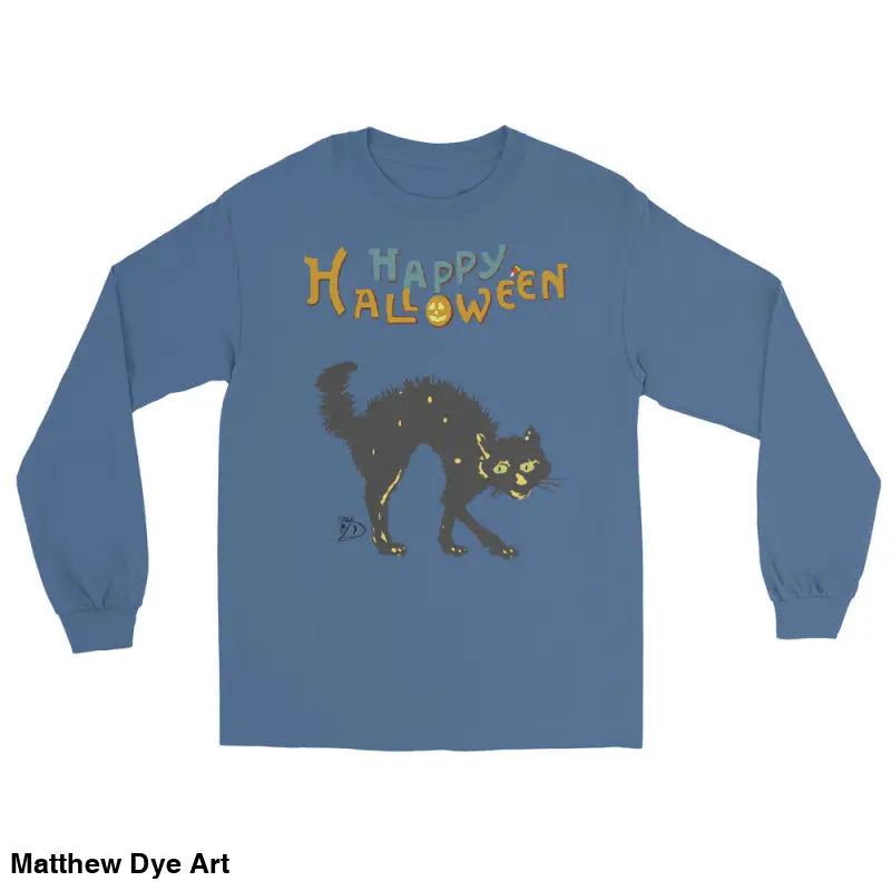 Blue long-sleeved shirt with Scary Cat Halloween graphic, ideal for Halloween unisex wear