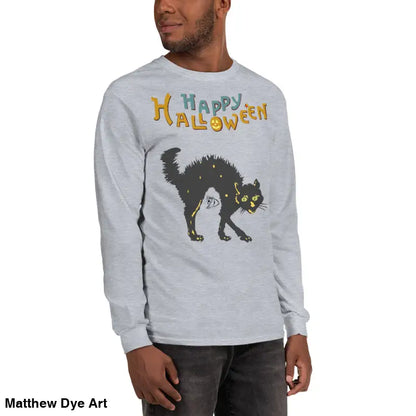 Gray long-sleeved shirt featuring a Scary Cat Halloween design for unisex wear
