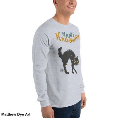 Gray long-sleeved shirt featuring Scary Cat Halloween design for unisex wear