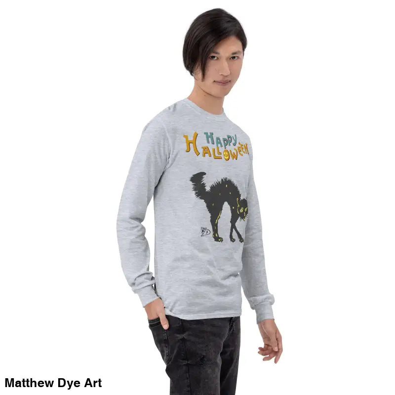 Gray long-sleeved Halloween shirt featuring a scary cat design for unisex wear