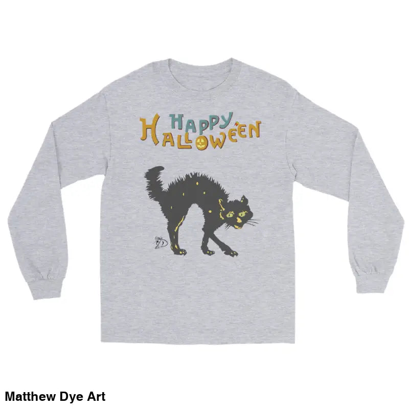 Gray long-sleeved shirt featuring a Scary Cat Halloween graphic for unisex wear
