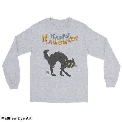 Gray long-sleeved shirt featuring a Scary Cat Halloween graphic for unisex wear