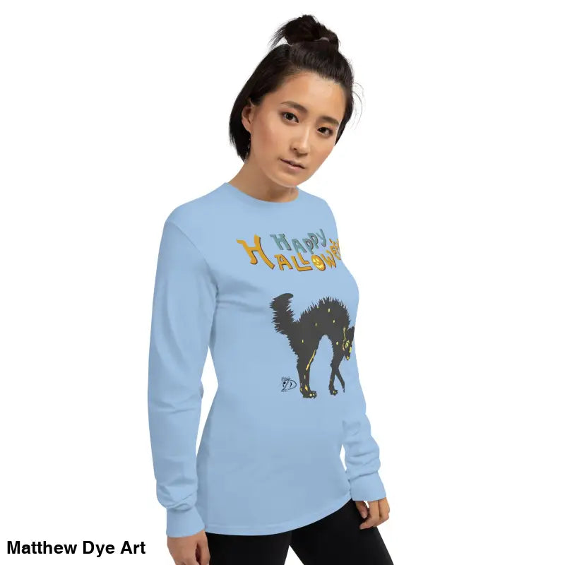 Light blue long-sleeved shirt featuring a Scary Cat Halloween design for unisex wear